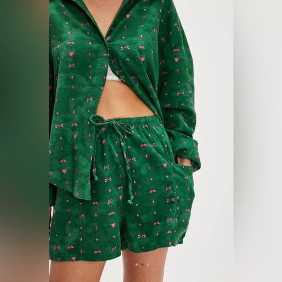 NWT Free People XS Flannel Play Date Set Cotton Green Combo Pajamas Intimately - Picture 2 of 5